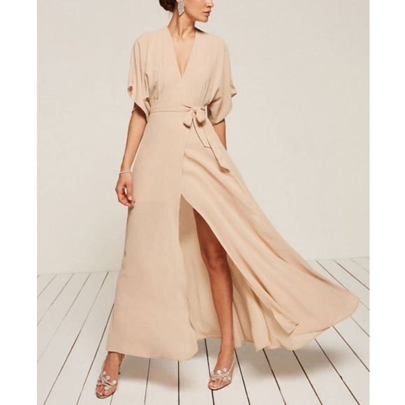 Reformation Wooster/Winslow Dress buff champagne flutter sleeve wrap size medium - Picture 2 of 16